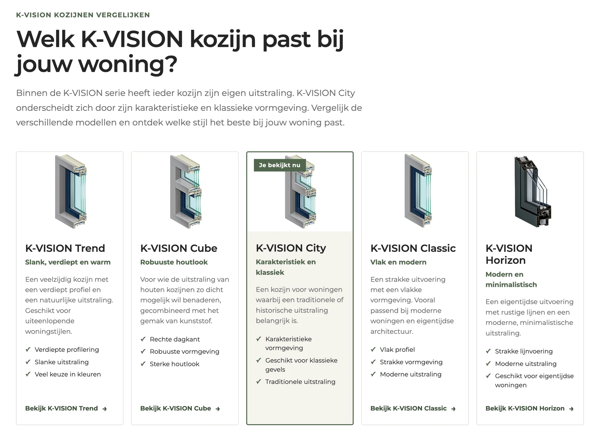 Vergelijking van vijf K-VISION kozijnen met hun eigenschappen