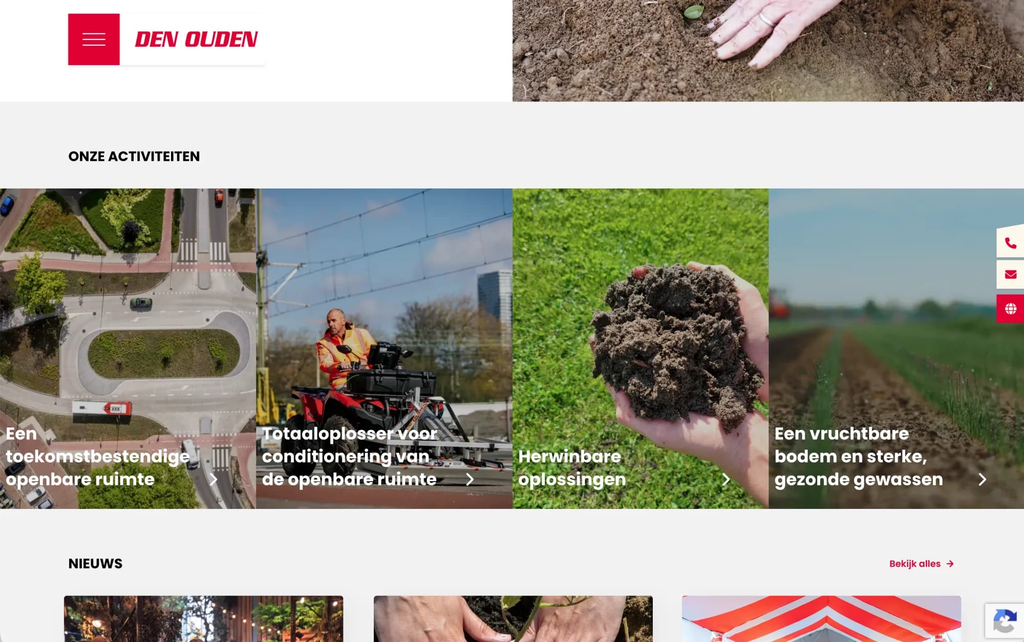 Homepage van Den Ouden, verderop: vier grote foto’s met de activiteiten van het bedrijf, met daaronder het laatste nieuws