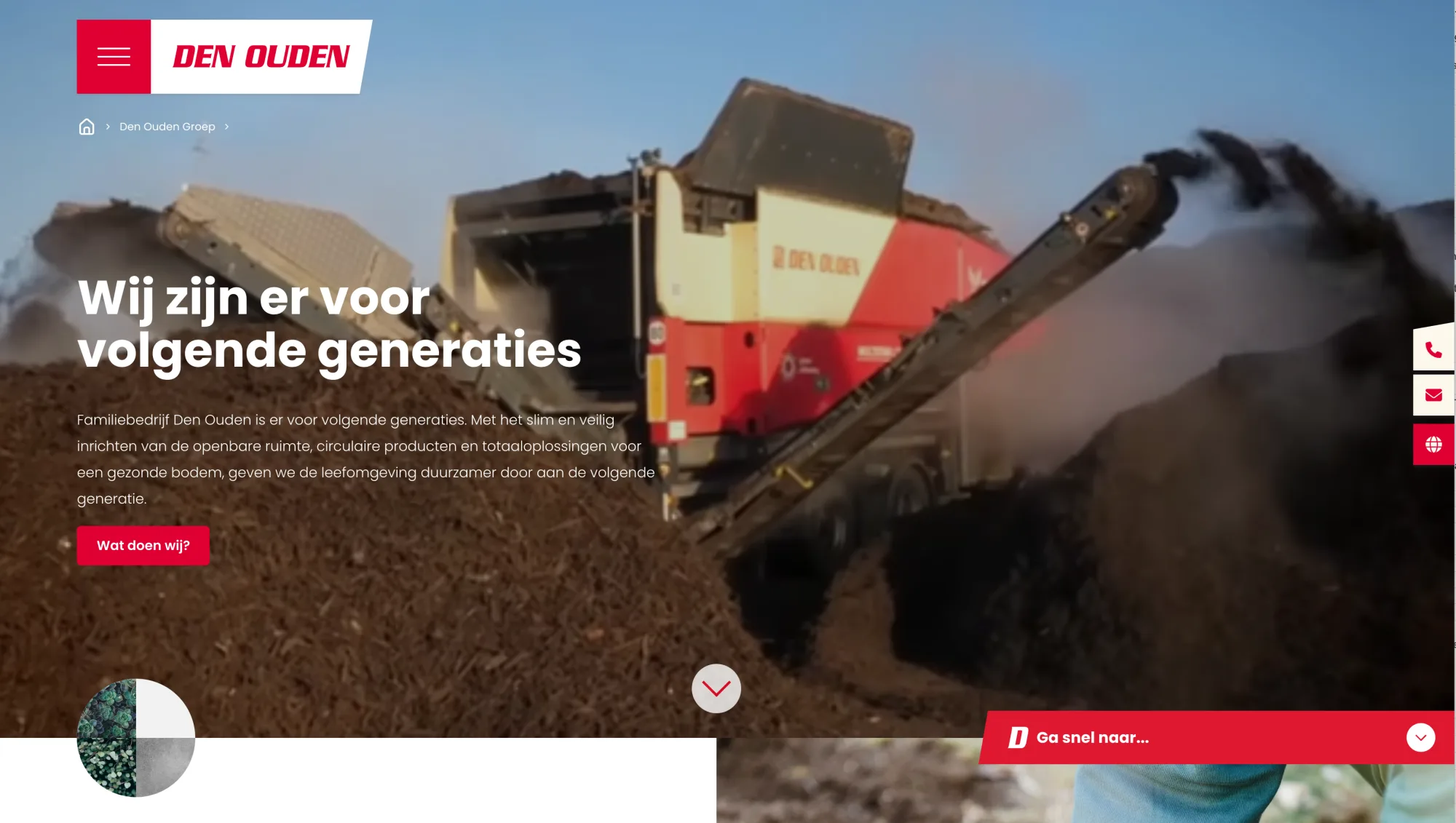 Homepage van Den Ouden: een zeefmachine op een berg compost, met de kop Wij zijn er voor volgende generaties