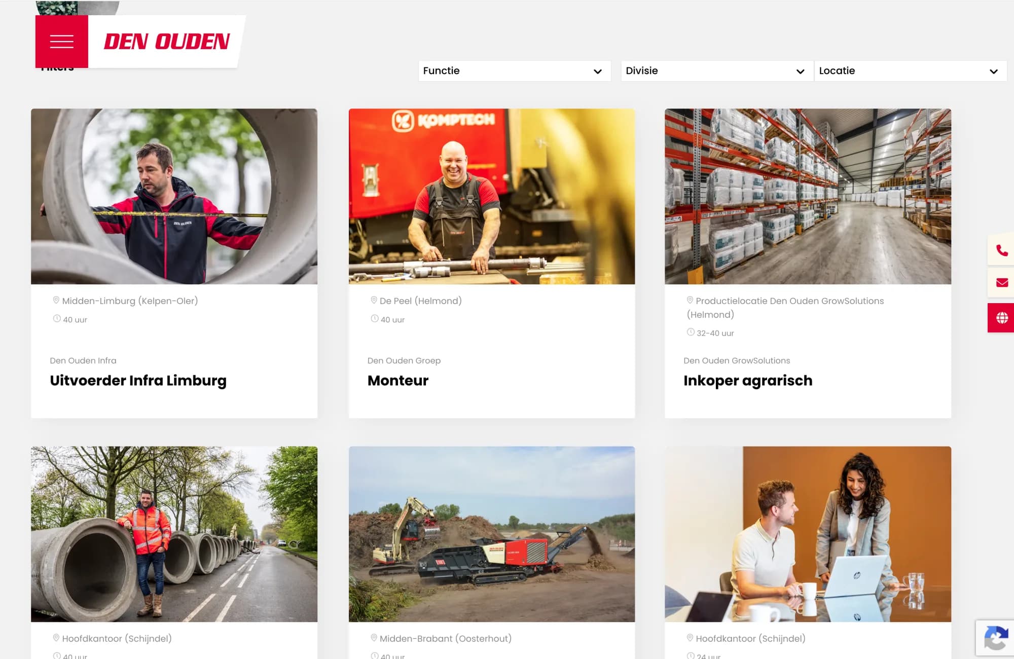 Vacaturepagina van Den Ouden: vacatures met foto, locatie en uren, te filteren op functie, divisie en locatie