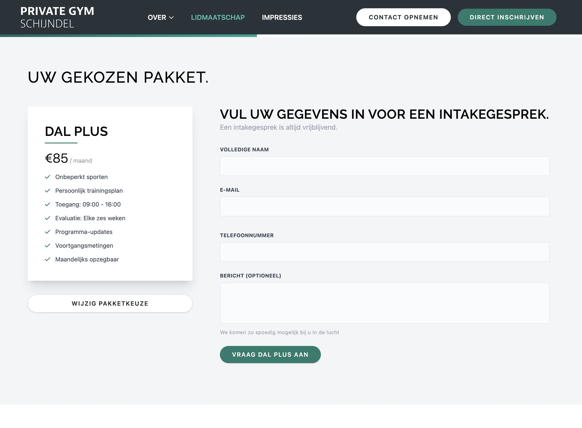 Aanmeldpagina met het gekozen pakket en een formulier voor een intakegesprek